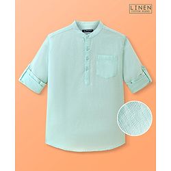 Pine Kids Linen Woven Mandarin Collar Full Sleeves Solid Shirt - Mint
