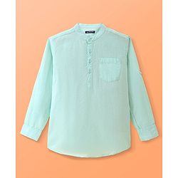 Pine Kids Linen Woven Mandarin Collar Full Sleeves Solid Shirt - Mint