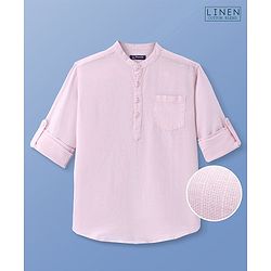 Pine Kids Linen Woven Full Sleeves Mandarin Collar Solid Shirt - Light Pink