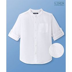 Pine Kids Linen Woven Mandarin Collar Full Sleeves Solid Shirt - White