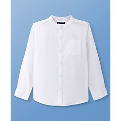 Pine Kids Linen Woven Mandarin Collar Full Sleeves Solid Shirt - White