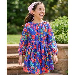 Pine Kids Poplin Woven Peasent Sleeves Floral Printed Frock - Blue
