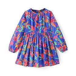 Pine Kids Poplin Woven Peasent Sleeves Floral Printed Frock - Blue