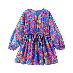 Pine Kids Poplin Woven Peasent Sleeves Floral Printed Frock - Blue
