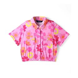 Pine Kids Woven Half Sleeves Floral Printed Top - Pink