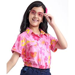 Pine Kids Woven Half Sleeves Floral Printed Top - Pink