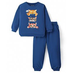 Pine Kids Heavy Gauge Premium Fabric  Full Sleeves Night Suit with Cat Print - Navy Blue