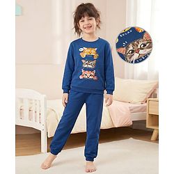 Pine Kids Heavy Gauge Premium Fabric  Full Sleeves Night Suit with Cat Print - Navy Blue