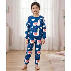 Pine Kids Heavy Gauge Premium Fabric Full Sleeves Lama Printed Night Suit - Navy Blue