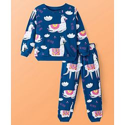 Pine Kids Heavy Gauge Premium Fabric Full Sleeves Lama Printed Night Suit - Navy Blue