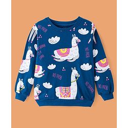 Pine Kids Heavy Gauge Premium Fabric Full Sleeves Lama Printed Night Suit - Navy Blue