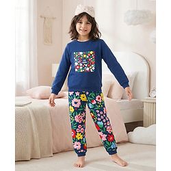 Pine Kids Looper Knit Full Sleeves Night Suit with Floral Print - Navy Blue
