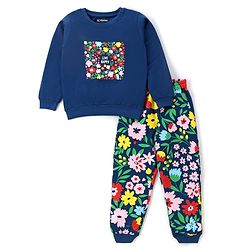 Pine Kids Looper Knit Full Sleeves Night Suit with Floral Print - Navy Blue