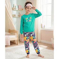 Pine Kids Heavy Gauge Premium Fabric Full Sleeves Text Printed Night Suit - Green & Navy Blue