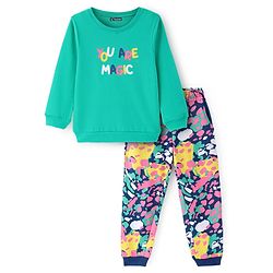 Pine Kids Heavy Gauge Premium Fabric Full Sleeves Text Printed Night Suit - Green & Navy Blue