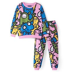 Pine Kids Heavy Gauge Premium Fabric Full Sleeves Monster Printed Night Suit - Pink
