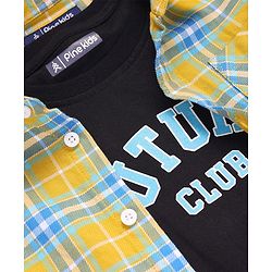 Pine Kids Cotton Woven Full Sleeves Checks Shirt With Text Print T- Shirt - Yellow & Blue