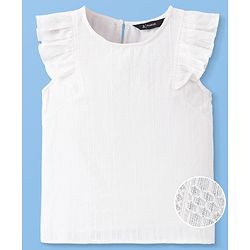Pine Kids Cotton Woven Frill Sleeves Solid Colour Top With Embroidery - White