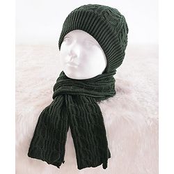 Pine Kids Woollen Knit Solid Beanie Cap & Muffler Set - Dark Green