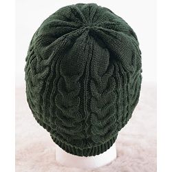 Pine Kids Woollen Knit Solid Beanie Cap & Muffler Set - Dark Green
