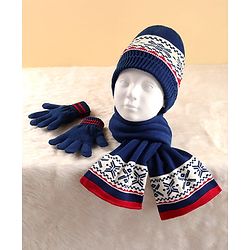 Pine Kids Woollen Cap Muffler & Mittens Sets with Aztec Design - Navy Blue & White