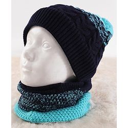 Pine Kids Knit Woollen Cap & Muffler Blue & Black - Diameter 13.5 cm