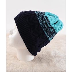 Pine Kids Knit Woollen Cap & Muffler Blue & Black - Diameter 13.5 cm