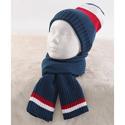 Pine Kids Knit Woollen Cap & Muffler with Colour Block Design Navy Blue & Red - Diameter 10 cm