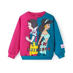 Pine Kids Disney Terry Knit Full Sleeves Sweatshirt With Cut & Sew Design & Disney Princesses Graphics - Purple & Navy Blue