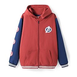 Pine Kids Marvel Terry Knit Full Sleeves Hooded Front Open Sweatjacket with Front & Back Avenger Graphics & Badge Detailing - Dark Red & Blue