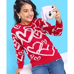 Pine Kids Full Sleeves Pull Over Sweater with Heart Print - Red
