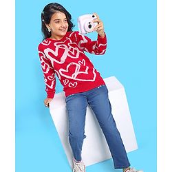 Pine Kids Full Sleeves Pull Over Sweater with Heart Print - Red