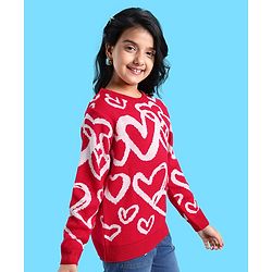 Pine Kids Full Sleeves Pull Over Sweater with Heart Print - Red