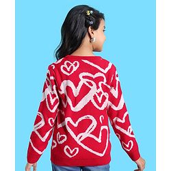 Pine Kids Full Sleeves Pull Over Sweater with Heart Print - Red