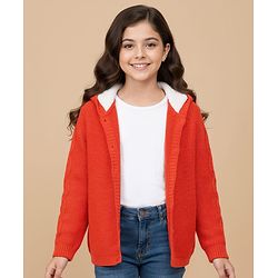 Pine Kids Knit Full Sleeves Hooded Front Open Solid Sweater - Red