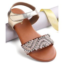 Pine Kids Velcro Closure Sandals With Lace & Beads Design - Golden