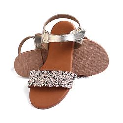 Pine Kids Velcro Closure Sandals With Lace & Beads Design - Golden
