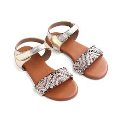 Pine Kids Velcro Closure Sandals With Lace & Beads Design - Golden