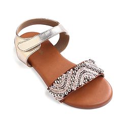 Pine Kids Velcro Closure Sandals With Lace & Beads Design - Golden