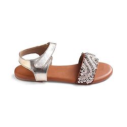 Pine Kids Velcro Closure Sandals With Lace & Beads Design - Golden