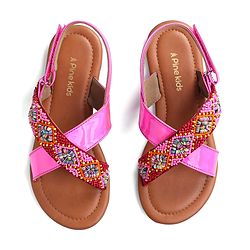 Pine Kids Velcro Closure Sandals with Beads Design - Fuchsia
