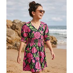 Pine Kids Viscose Woven Full Sleeves Frock with Floral Print & Smocking Detailing- Blue