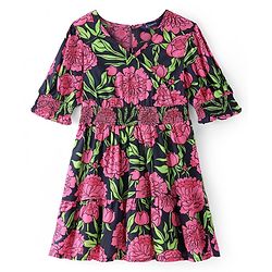 Pine Kids Viscose Woven Full Sleeves Frock with Floral Print & Smocking Detailing- Blue