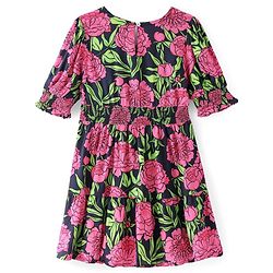 Pine Kids Viscose Woven Full Sleeves Frock with Floral Print & Smocking Detailing- Blue