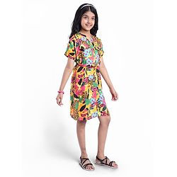 Pine Kids Viscose Woven Half Sleeves Front Open Printed Frock - Multicolor
