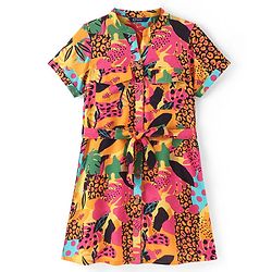 Pine Kids Viscose Woven Half Sleeves Front Open Printed Frock - Multicolor