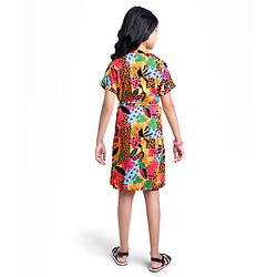 Pine Kids Viscose Woven Half Sleeves Front Open Printed Frock - Multicolor