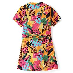 Pine Kids Viscose Woven Half Sleeves Front Open Printed Frock - Multicolor