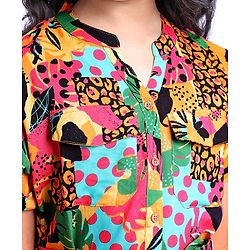 Pine Kids Viscose Woven Half Sleeves Front Open Printed Frock - Multicolor