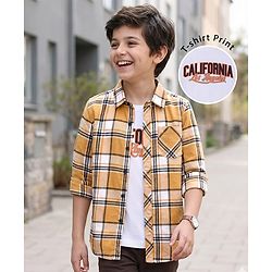 Pine Kids Cotton Woven Full Sleeves  Checked Shirt with Text Print T-Shirt-  Yellow